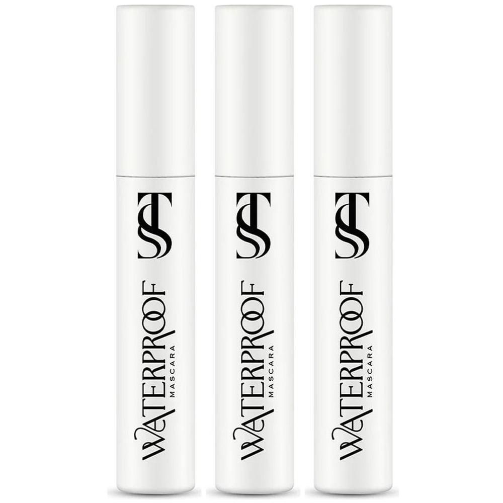 Tre flaconi di mascara bianchi con scritta nera: 'WATERPROOF MASCARA' e un logo.