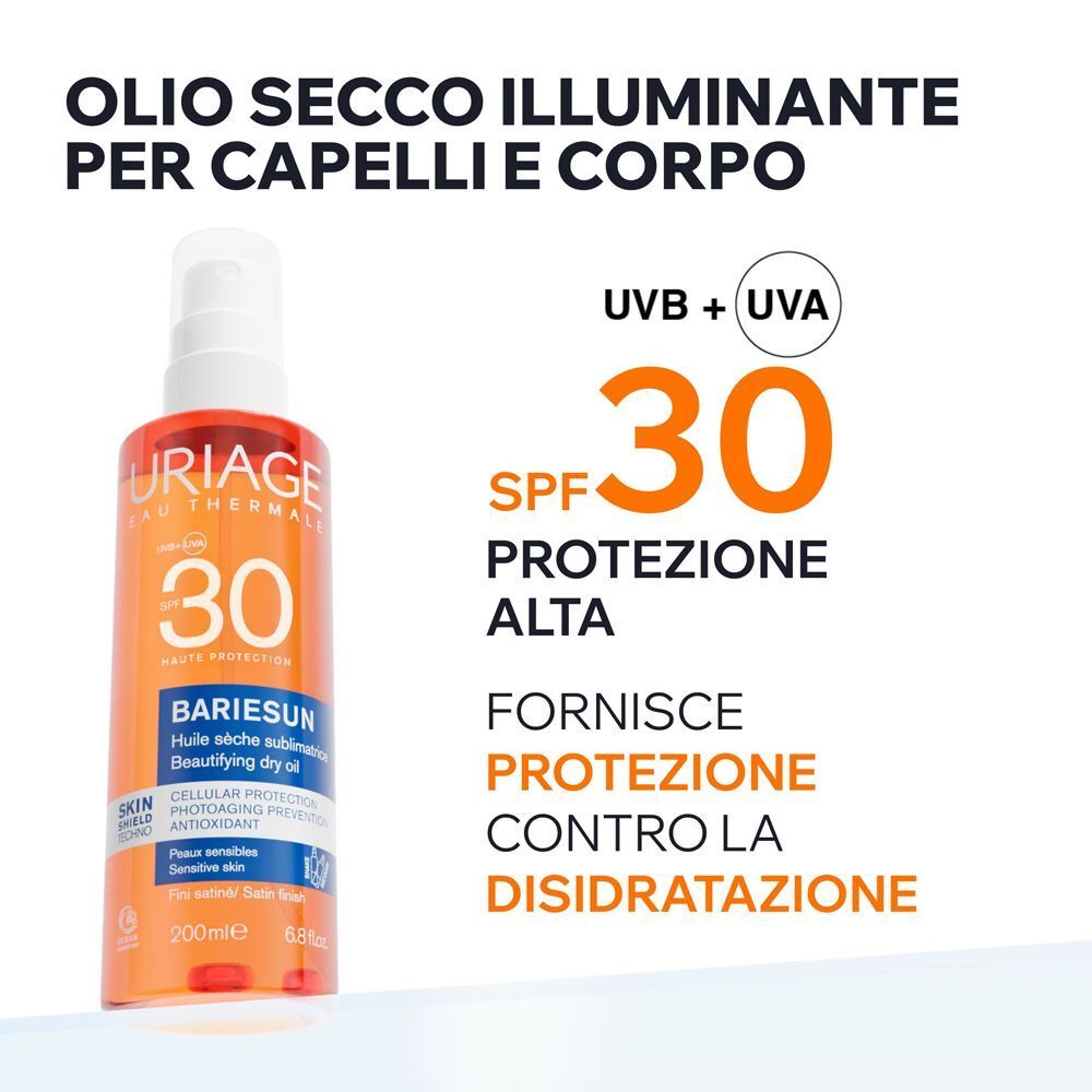 URIAGE Bariésun Olio Secco Illuminante SPF30, pelle sensibile, corpo, capelli, idrata, solare