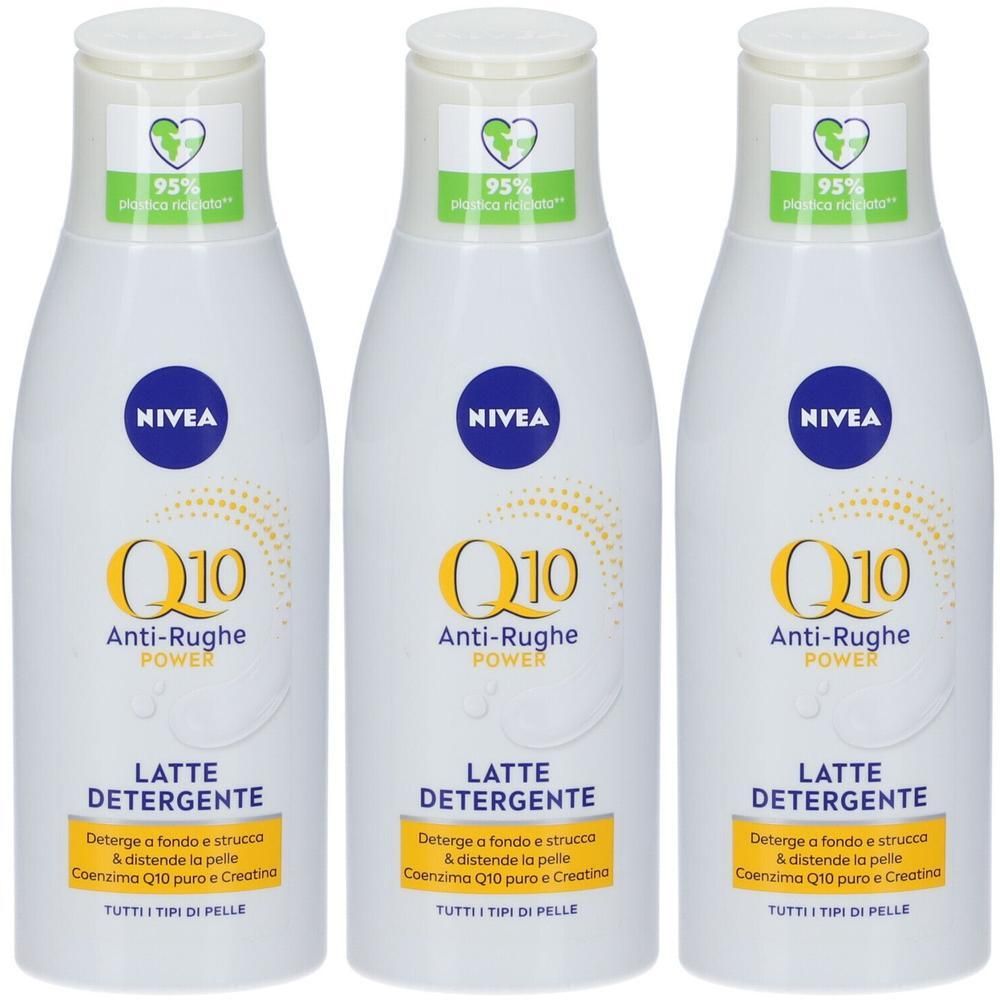 Tre flaconi di Nivea Q10 Latte Detergente Antirughe Power con sigillo 95% plastica riciclata.