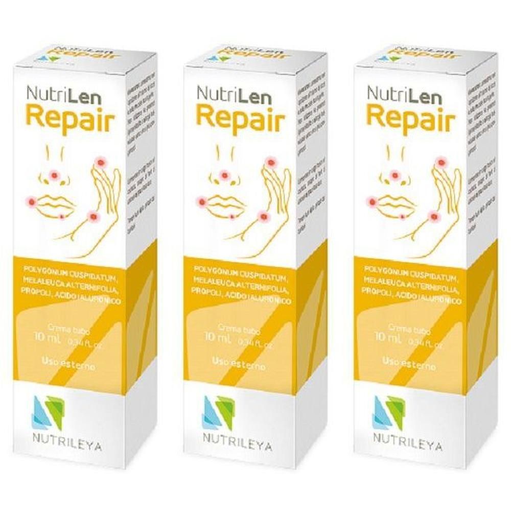 Tre confezioni di crema Nutrilen Repair Tubo, 10 ml. La parte anteriore mostra una rappresentazione schematica di un viso con imperfezioni cutanee.