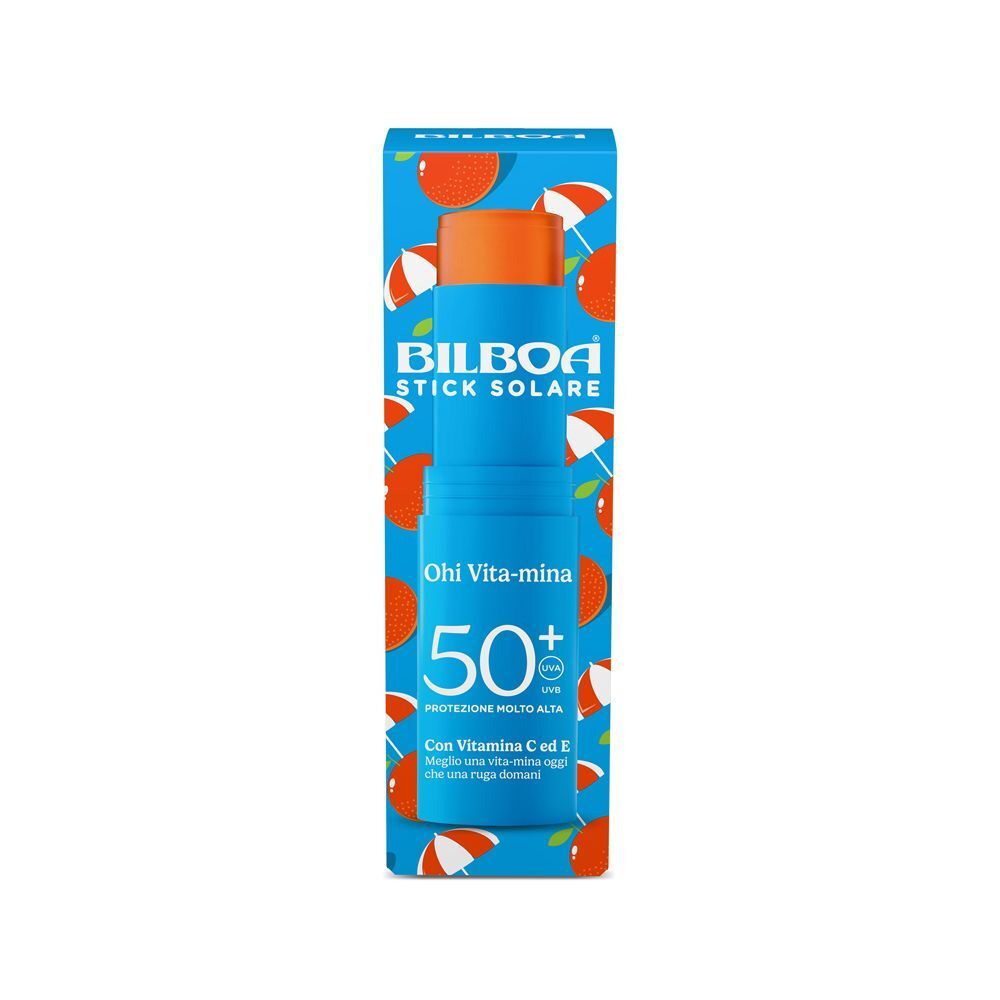 Stick solare Bilboa SPF 50+ Multivitaminico nella sua confezione con decoro arance.