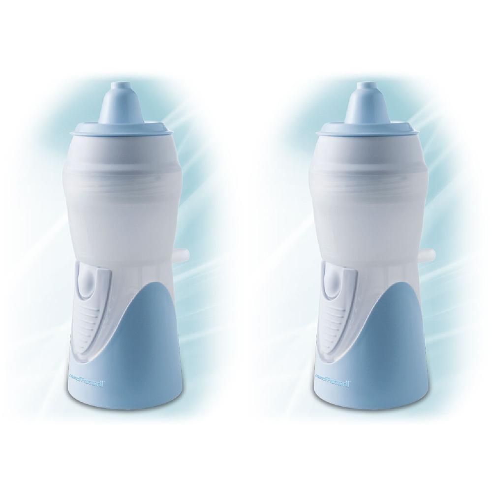 Due docce nasali bianche e azzurre con tappo blu.