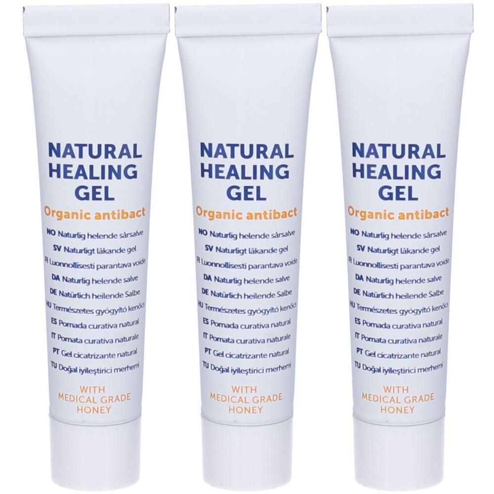 Tre tubi di "Natural Healing Gel" con miele biologico antibatterico.