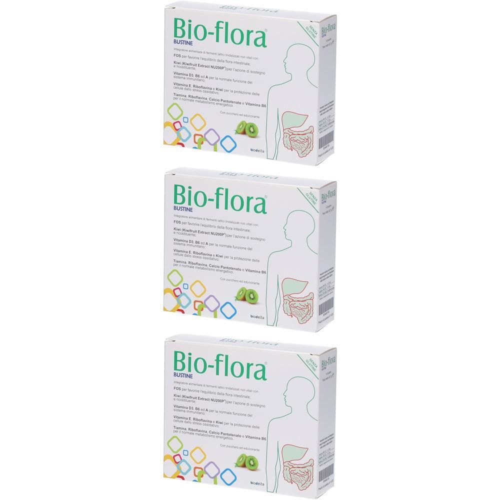 Tre confezioni di Biodelta Bio-Flora Bustine con illustrazioni di organi digestivi e silhouette umana.