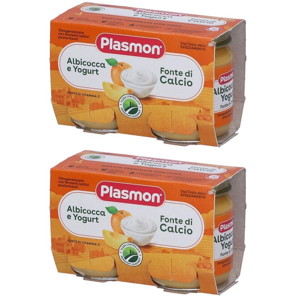 Due confezioni di vasetti Plasmon Albicocca e Yogurt per bambini, quattro vasetti per confezione.