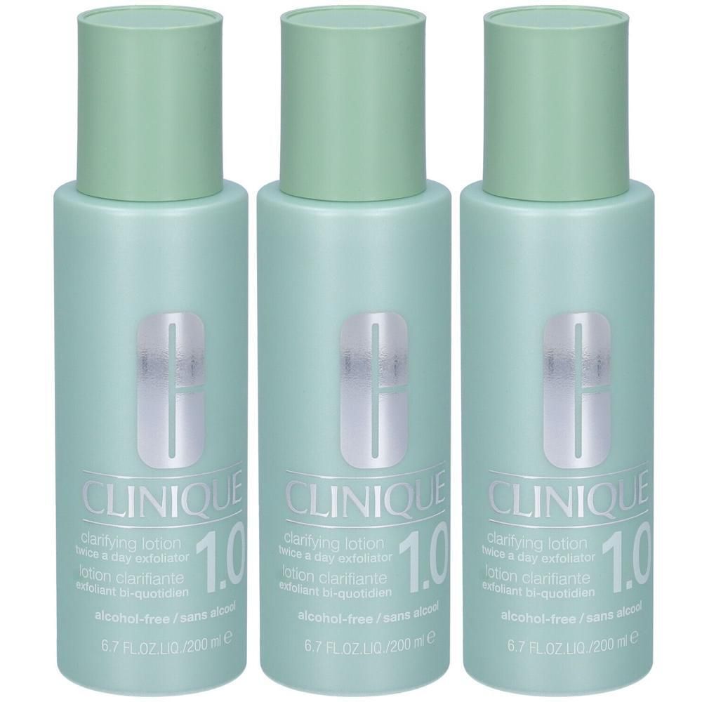 Tre lozioni clarificanti Clinique 1.0, 200 ml ciascuna.