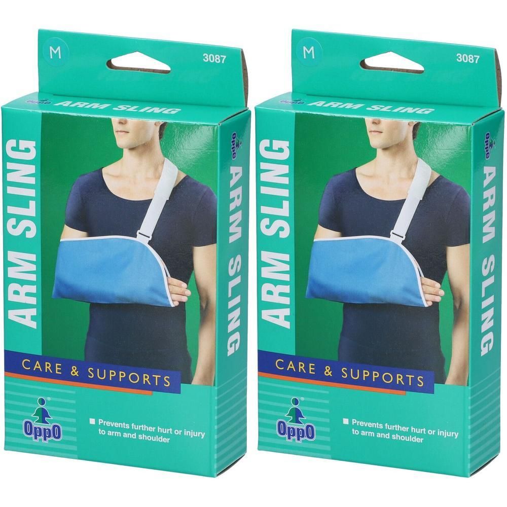 Due fasce da braccio Oppo taglia M, blu, con cinghia bianca. La confezione mostra un uomo con fascia da braccio.