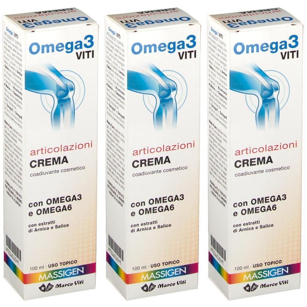 Tre confezioni di crema per articolazioni Massigen Omega 3 Viti con immagine del ginocchio e informazioni sul prodotto.