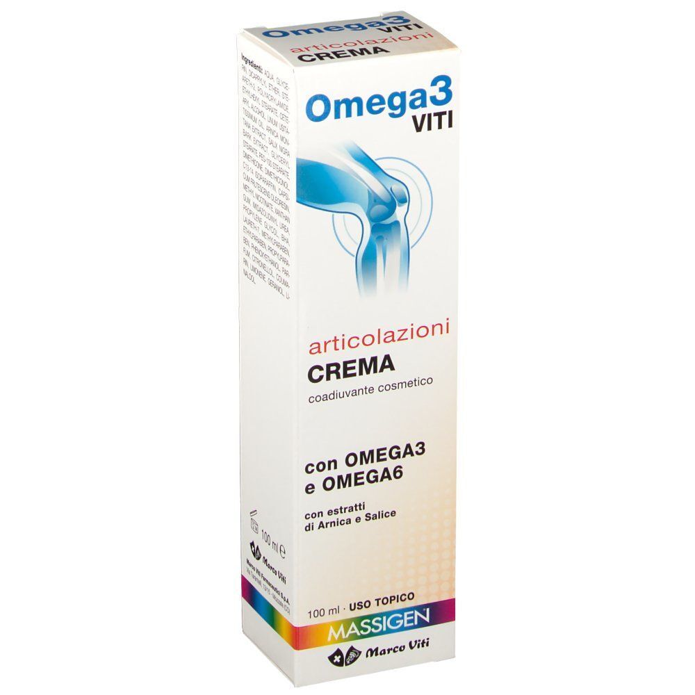 Una confezione di crema per articolazioni Massigen Omega 3 Viti con immagine del ginocchio, informazioni prodotto e indicazione 100 ml.