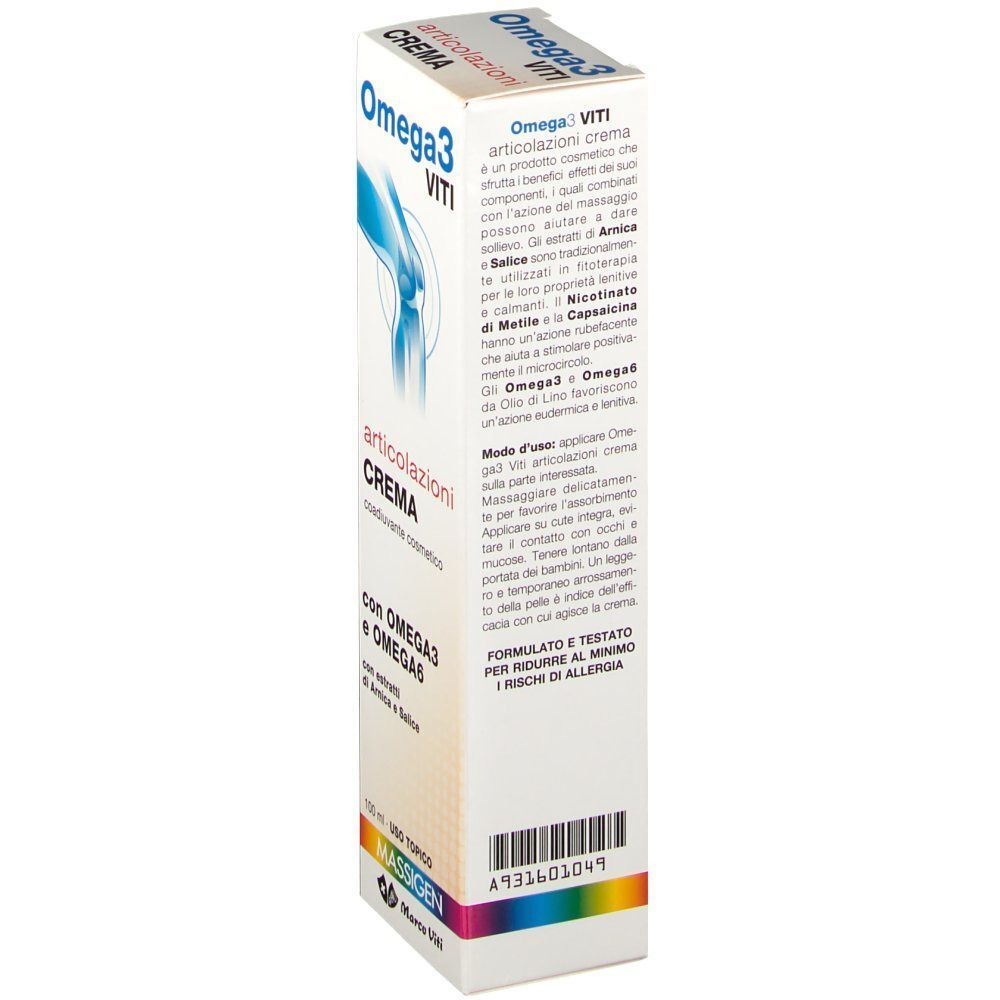 Vista laterale di una confezione di crema per articolazioni Massigen Omega 3 Viti con istruzioni d'uso e codice a barre.