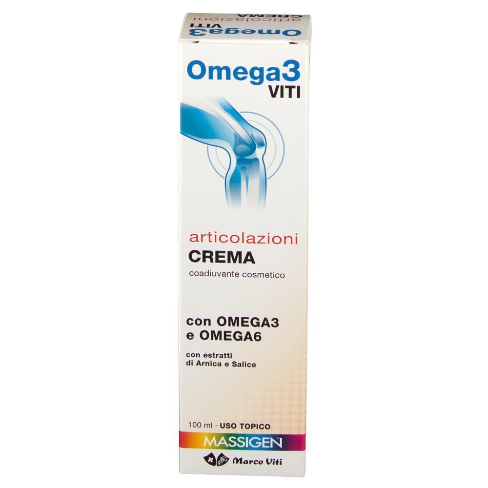 Fronte di una confezione di crema per articolazioni Massigen Omega 3 Viti con immagine del ginocchio e informazioni sul prodotto.