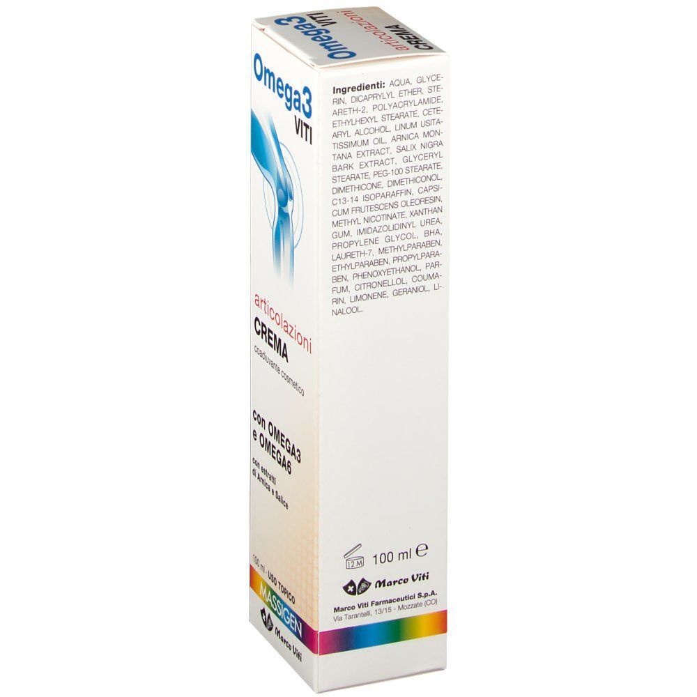 Retro di una confezione di crema per articolazioni Massigen Omega 3 Viti con elenco ingredienti e indicazione 100 ml.