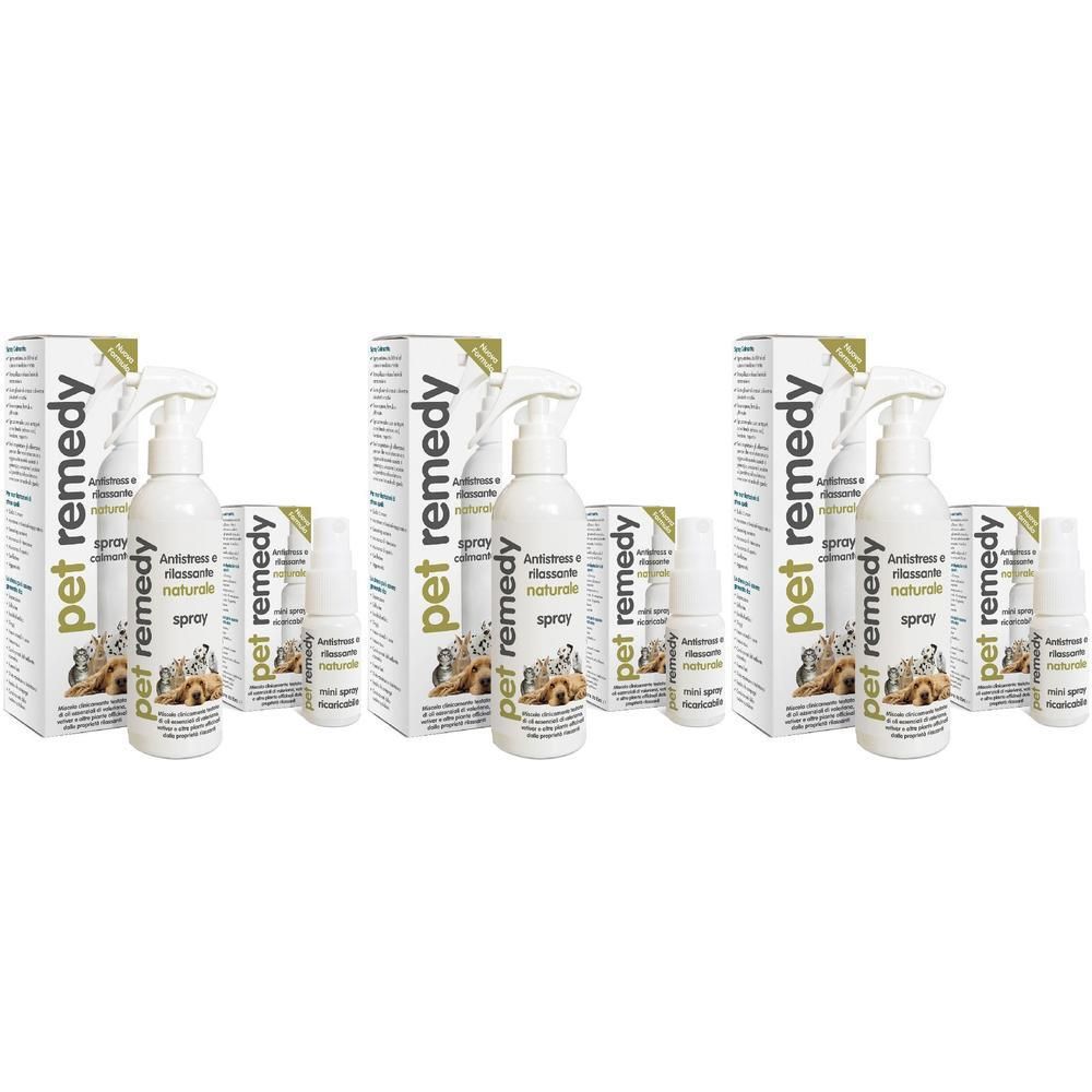 Tre set di spray antistress e rilassante Pet Remedy con scatole e flaconi.
