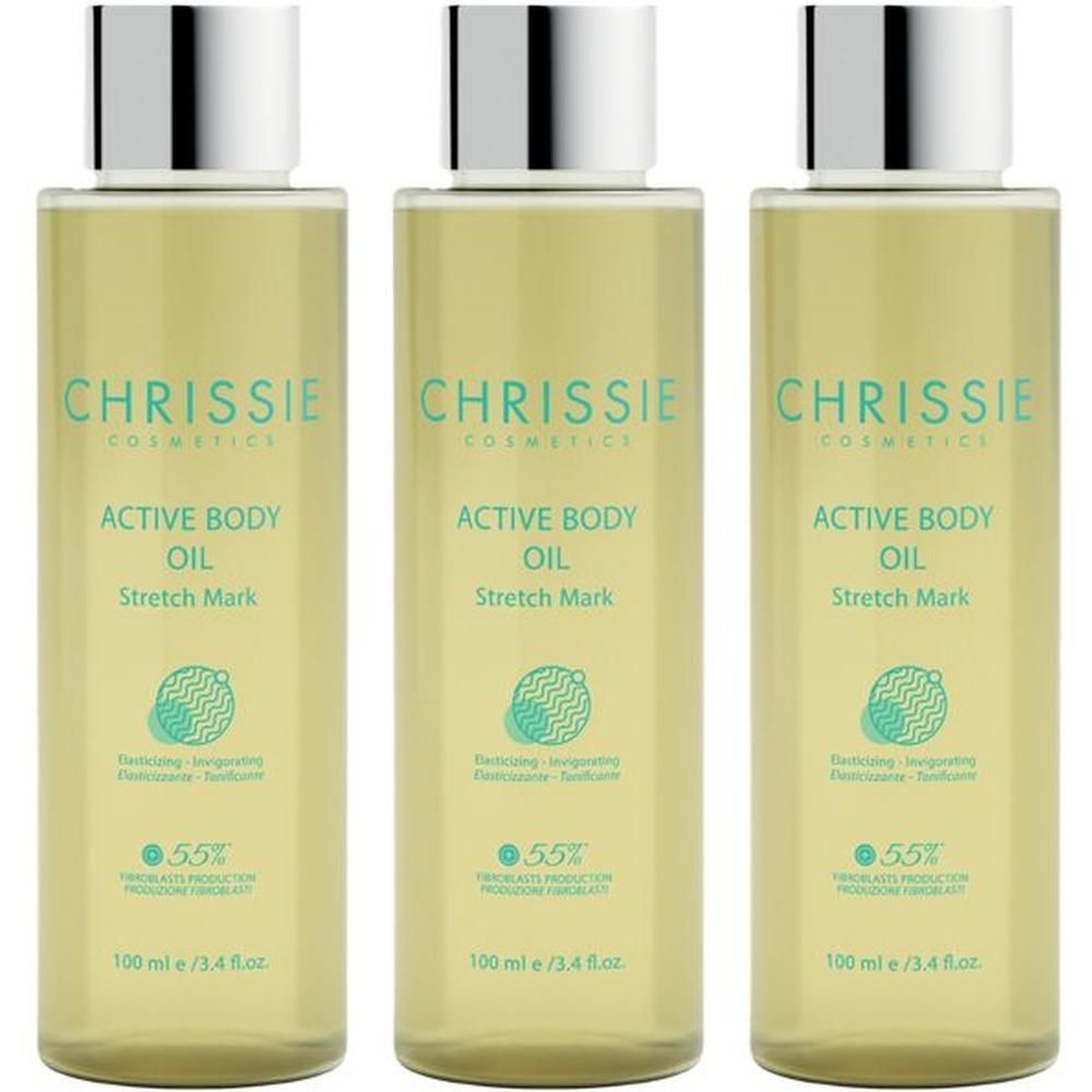Tre flaconi di olio corpo attivo Chrissie Cosmetics per smagliature, con tappi argentati.