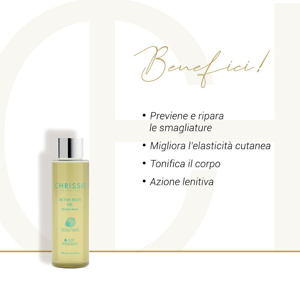 Flacone di olio corpo attivo Chrissie Cosmetics per smagliature accanto a un elenco di benefici.