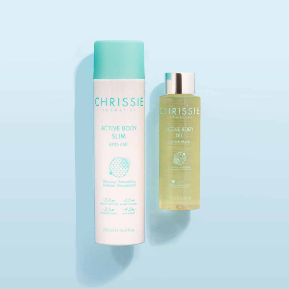 Flaconi di olio corpo attivo Chrissie Cosmetics per smagliature e olio corpo snellente anticellulite.