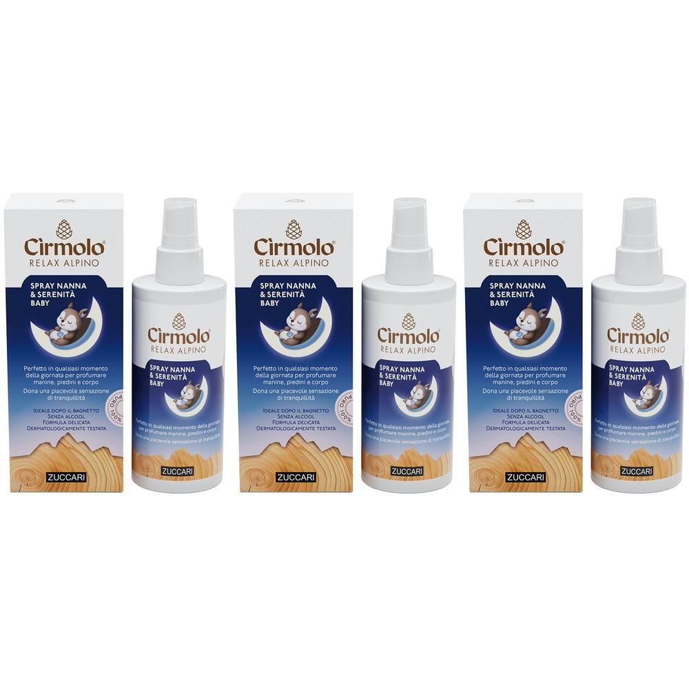 Tre flaconi di Cirmolo Spray Nanna & Serenita' Baby con scatole. Spray bianco, etichette blu con luna e bebè.
