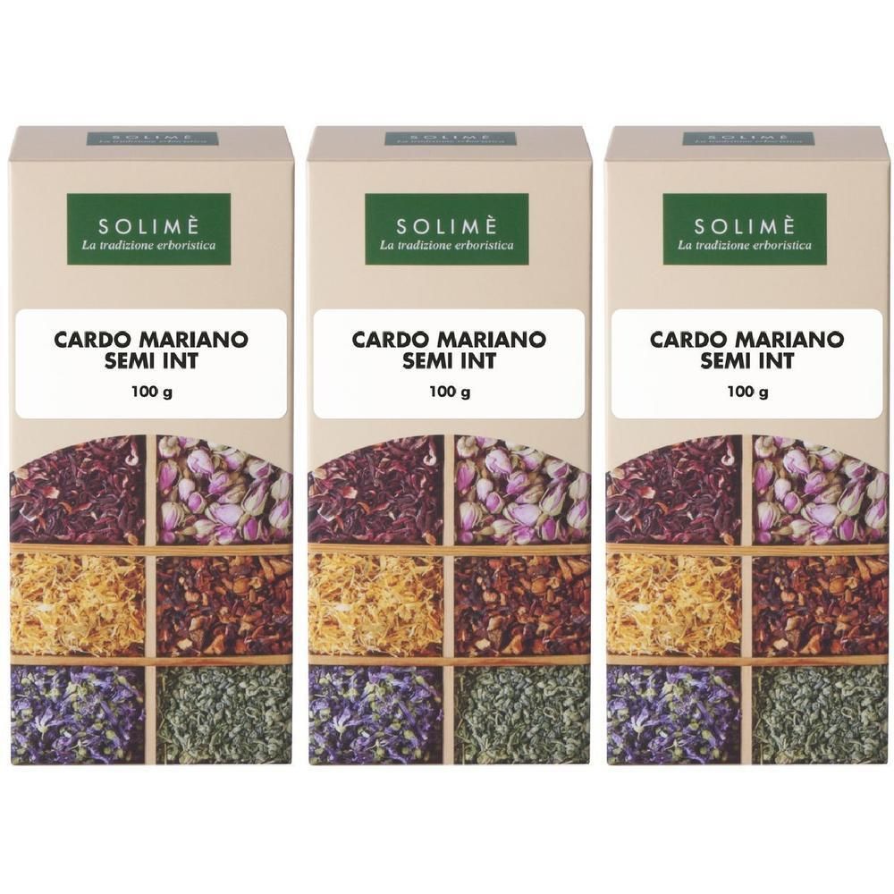 Tre scatole di Cardo Mariano Semi Int, 100 g ciascuna. Ogni scatola mostra quattro immagini di erbe.