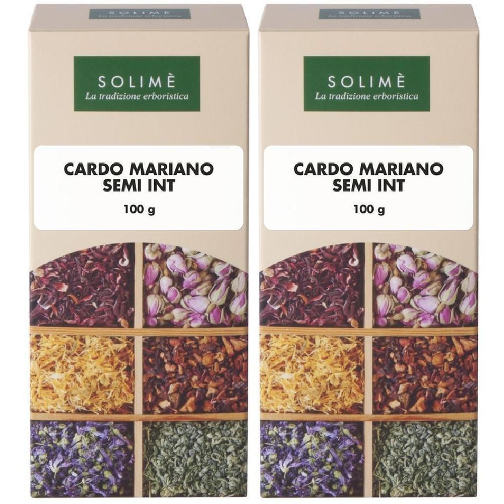 Due confezioni di Cardo Mariano Semi Int, 100 g ciascuna. La facciata anteriore mostra erbe essiccate in sei scomparti.