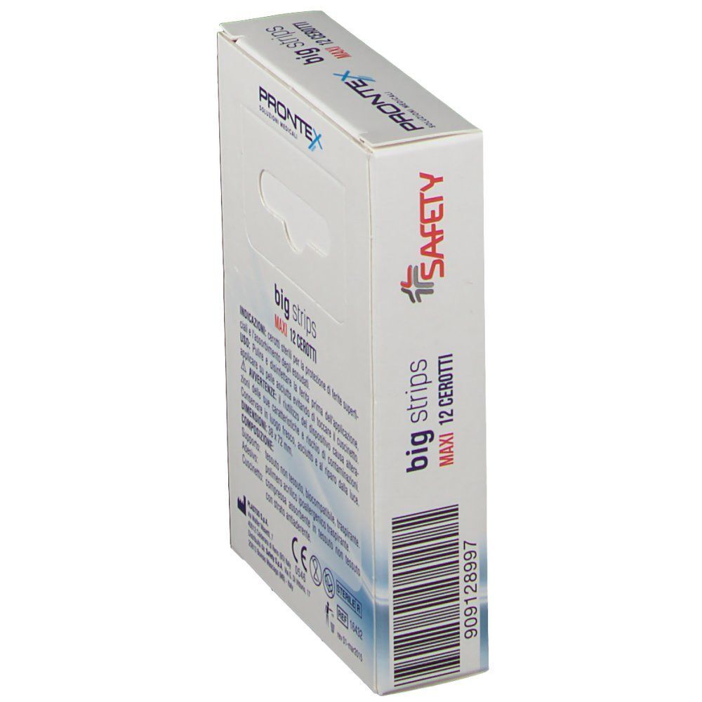 Confezione da 12 cerotti Prontex Big Strips bianchi sterili.