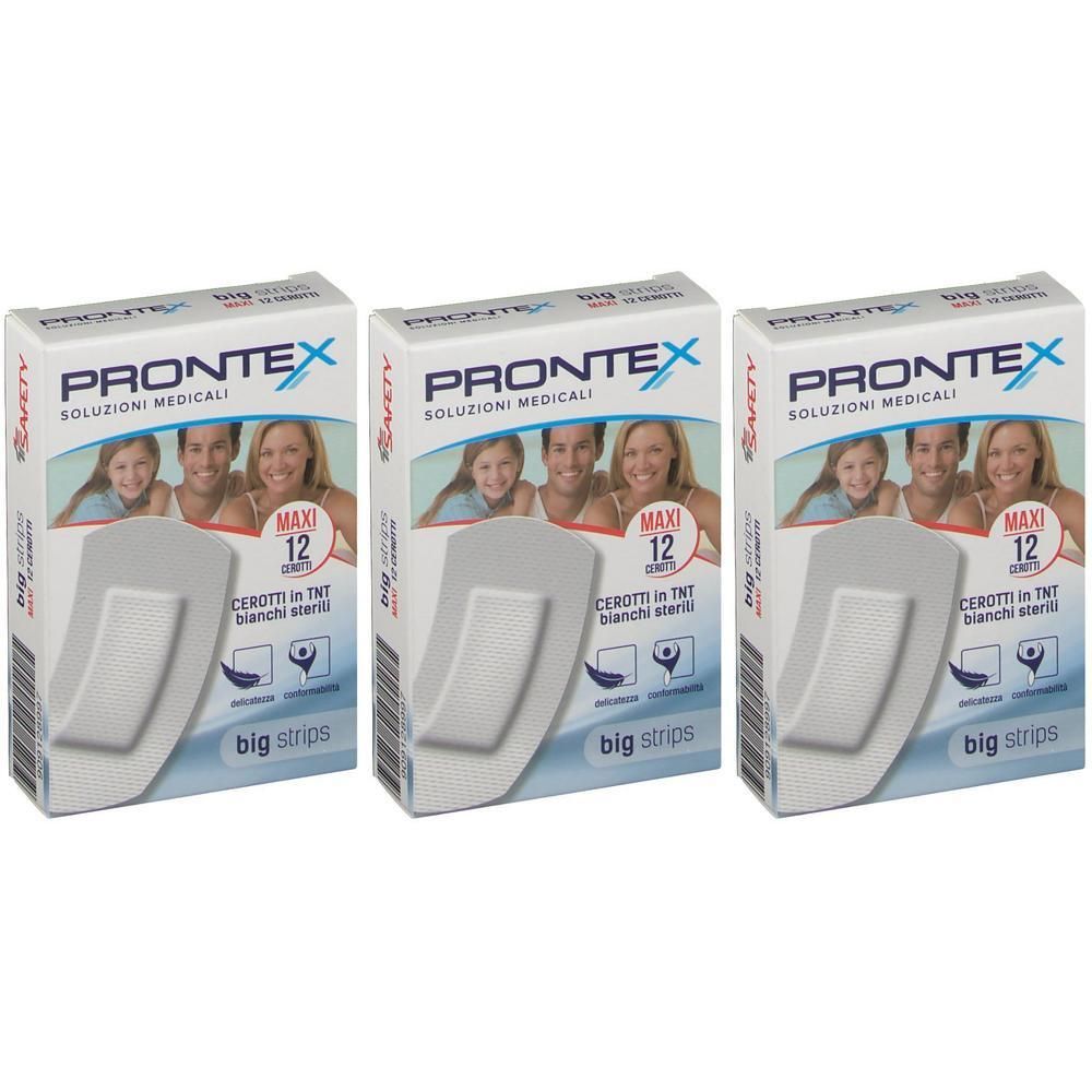 Confezione da 12 cerotti Prontex Big Strips bianchi sterili.