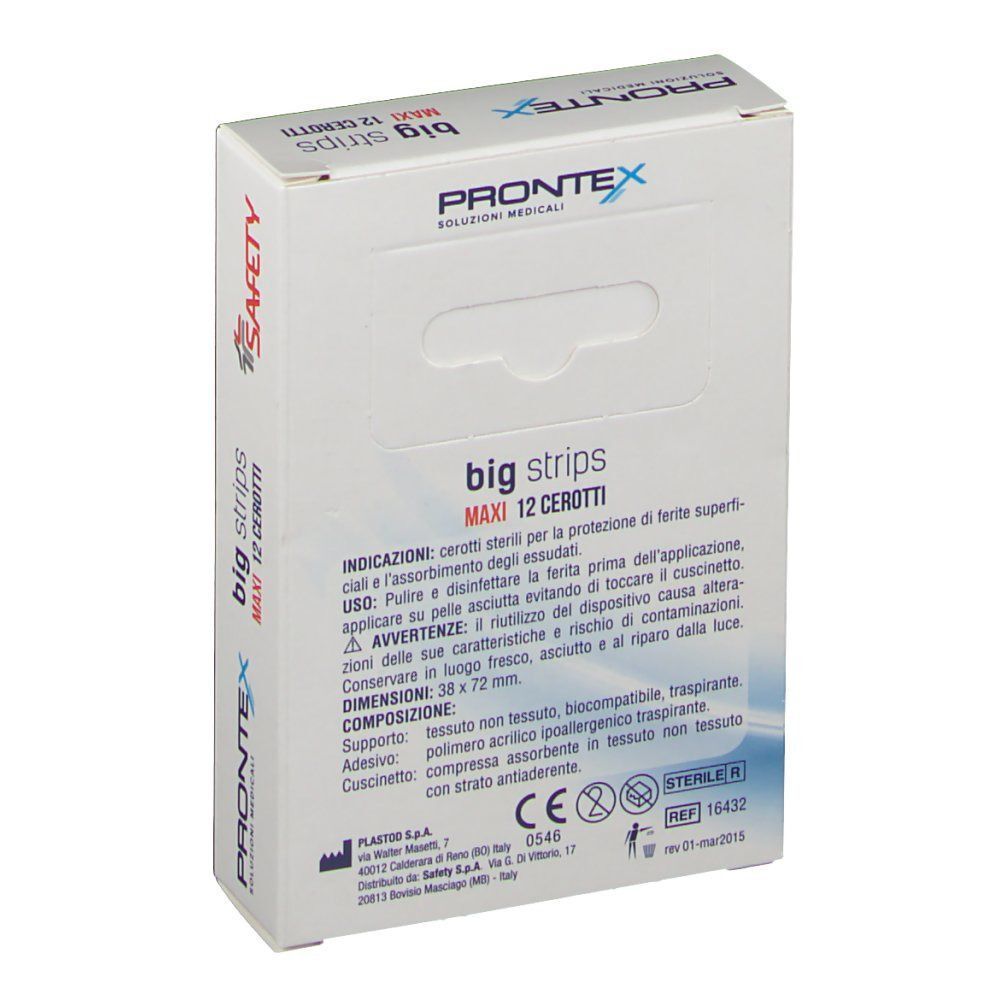 Confezione da 12 cerotti Prontex Big Strips bianchi sterili.