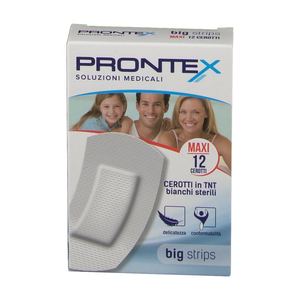 Confezione da 12 cerotti Prontex Big Strips bianchi sterili.