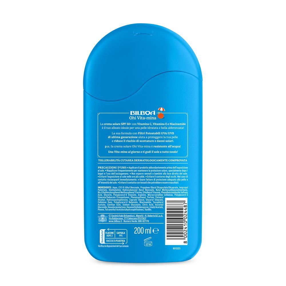 Retro della crema solare Bilboa Ohi Vita-mina SPF 50+ con ingredienti e indicazione 200ml.