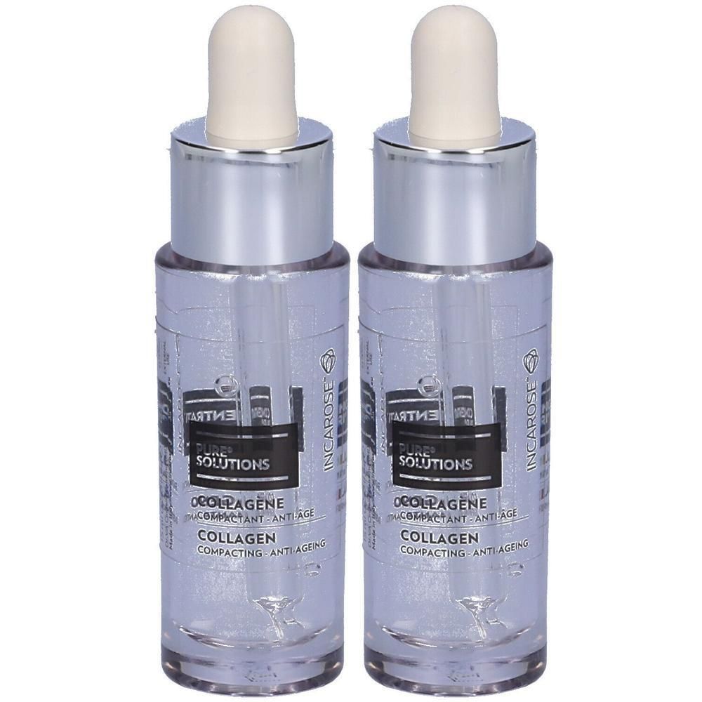 Due flaconi in vetro con contagocce, riempiti di liquido trasparente. Le etichette mostrano "DECOLLAGENE COLLAGEN COMPACTING ANTI-AGEING".