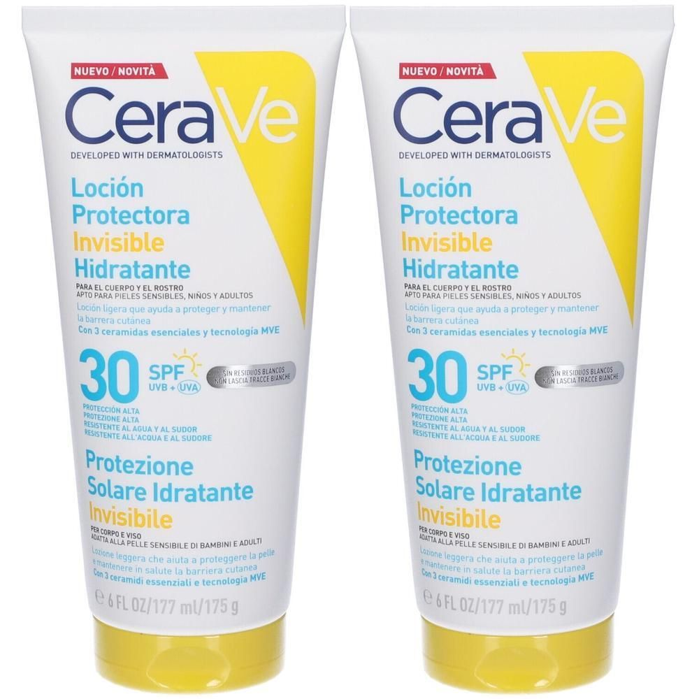 Due tubi di crema solare CeraVe SPF 30, lozione idratante invisibile.