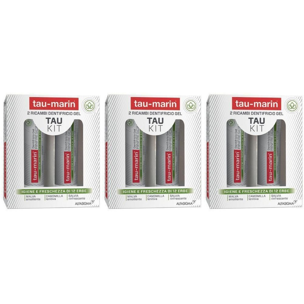 Tre confezioni Tau-Marin Tau Kit, ciascuna con due tubi di gel dentifricio.