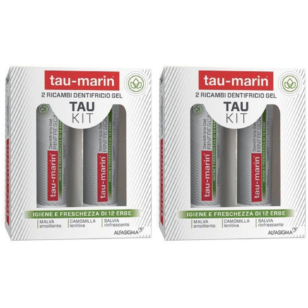 Due Tau Kit con due tubetti di dentifricio gel ciascuno. Contiene ingredienti come malva, camomilla e salvia.