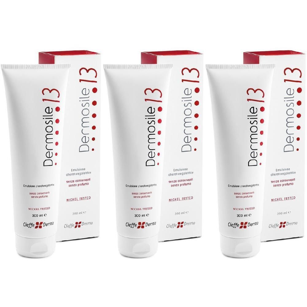Dermosile 13 Emulsione Corpo: tre tubetti e scatole con scritta rossa e puntini.