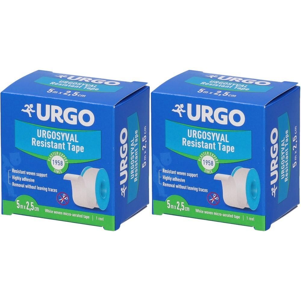 Due confezioni di Urgosyval Resistant Tape, 5m x 2,5cm. Scatola blu e bianca con informazioni sul prodotto.