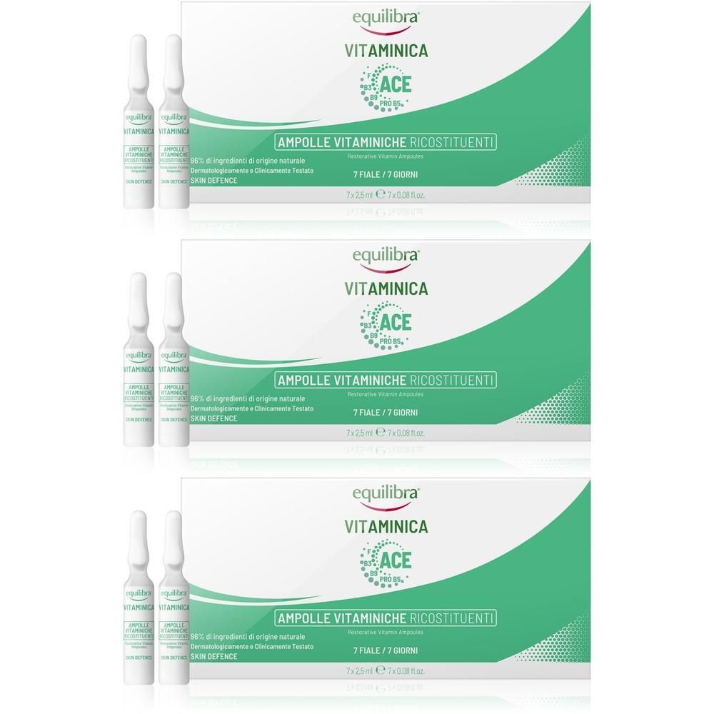 Tre confezioni di Equilibra Vitaminica Ampolle Vitaminiche, ciascuna con 7 flaconcini.
