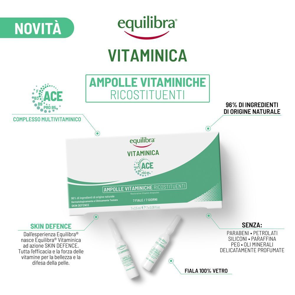 Confezione di Equilibra Vitaminica Ampolle Vitaminiche con due flaconcini, etichetta "Novità".
