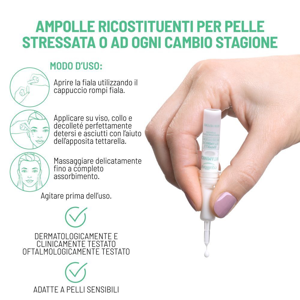 Istruzioni d'uso per Equilibra Vitaminica Ampolle Vitaminiche con un flaconcino in mano.