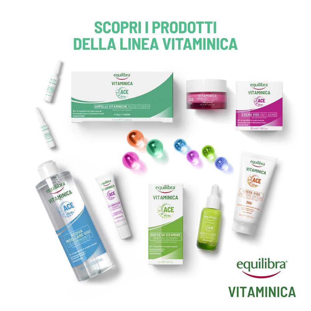 Panoramica della linea di prodotti Equilibra Vitaminica con ampolle, creme e sieri.