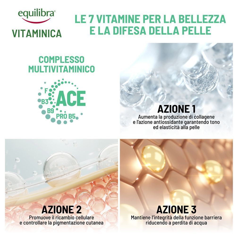 Grafica delle 7 vitamine per la bellezza e la difesa della pelle con 3 azioni.