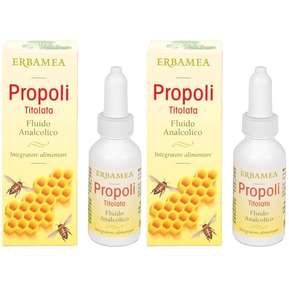Erbamea Propoli Titolata: due flaconi contagocce e astucci con api e favi.