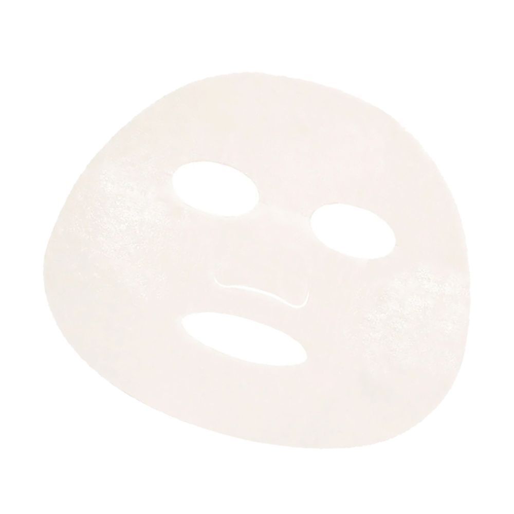 Una maschera viso bianca in tessuto al collagene con ritagli per occhi e bocca.