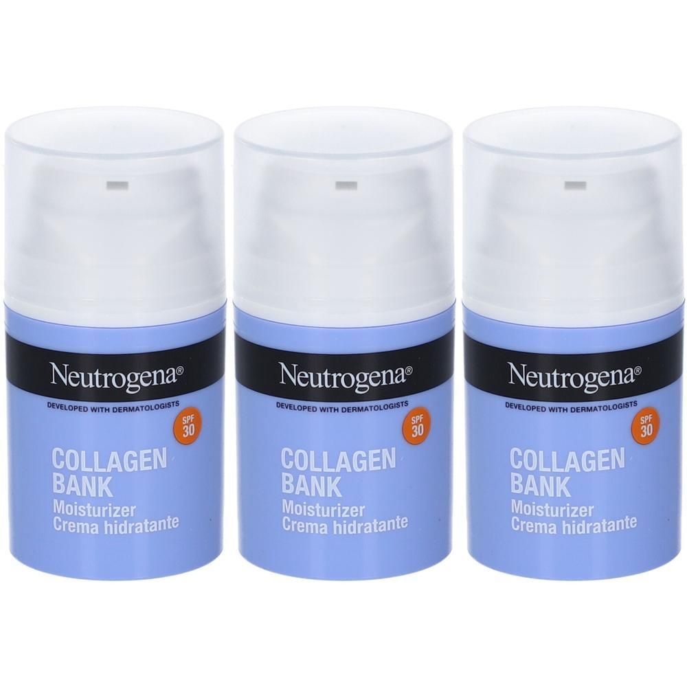 Tre flaconi di crema idratante Neutrogena Collagen Bank con SPF 30.
