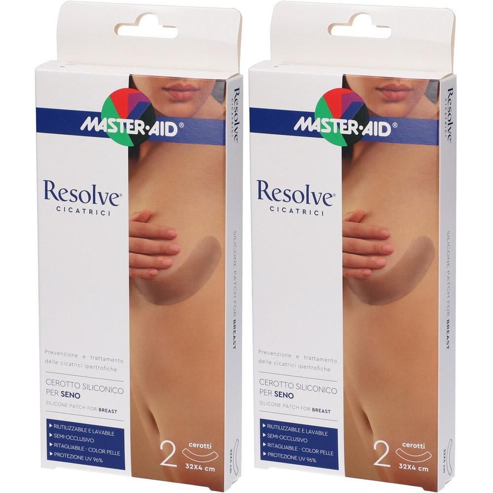 Due confezioni di cerotti in silicone Resolve per seno. Ogni confezione contiene 2 cerotti.