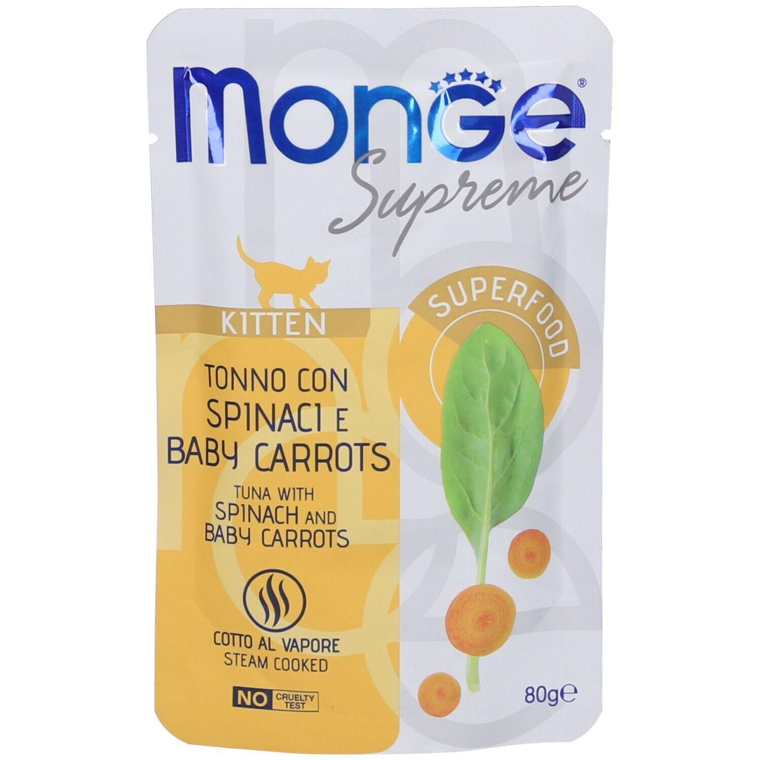 Monge Supreme Kitten busta tonno, spinaci e carote.