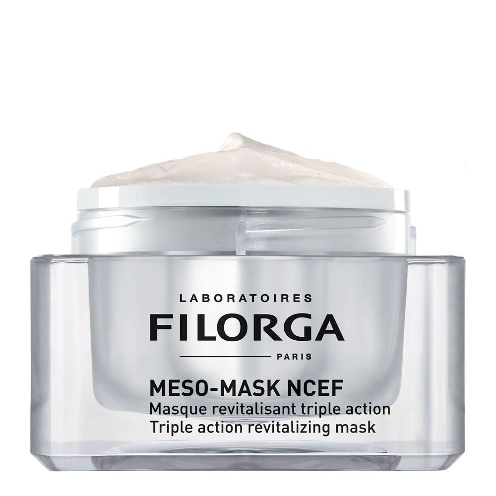 Un vasetto aperto FILORGA MESO-MASK NCEF con maschera cremosa.
