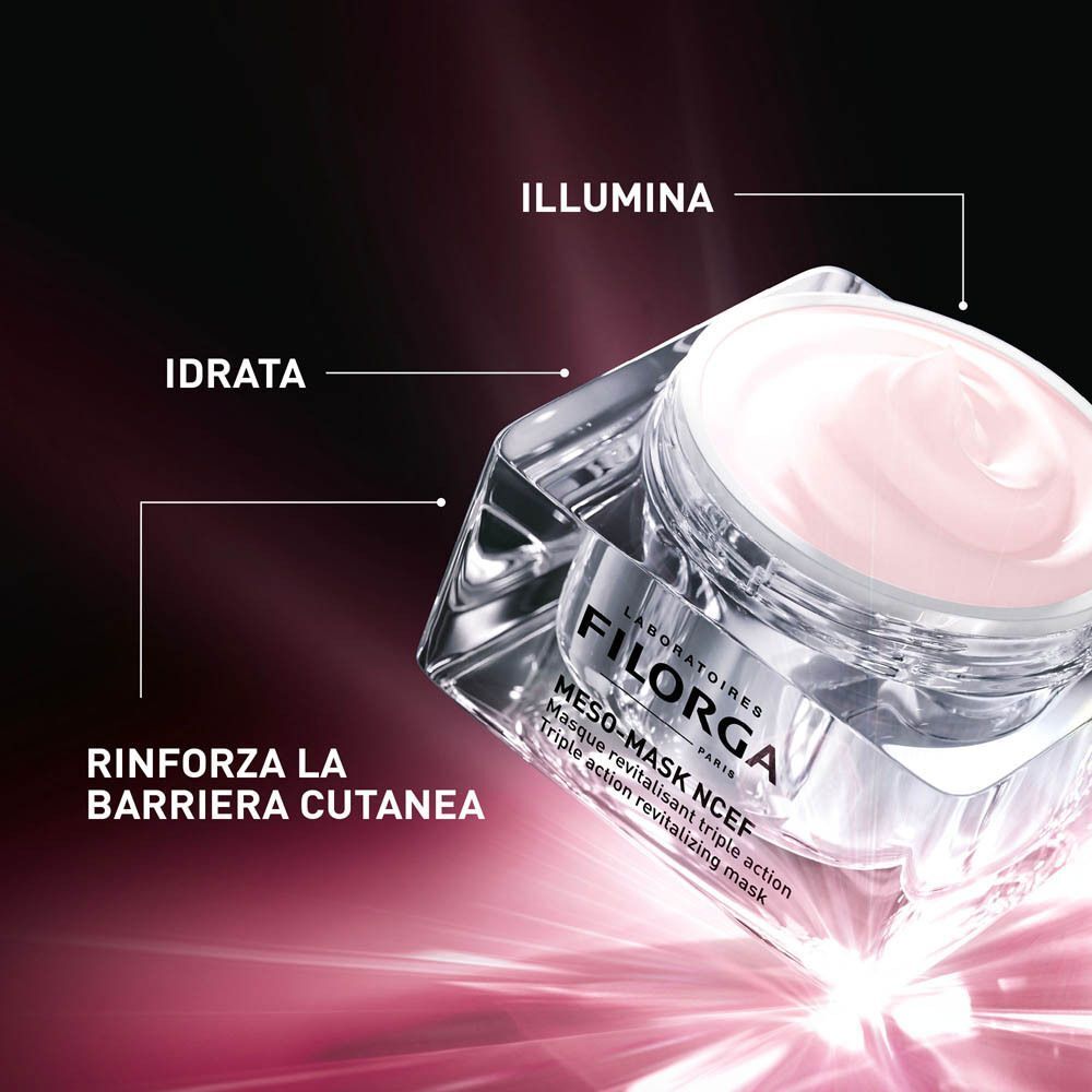 Vasetto FILORGA MESO-MASK NCEF con enfasi su idratazione e rinforzo.