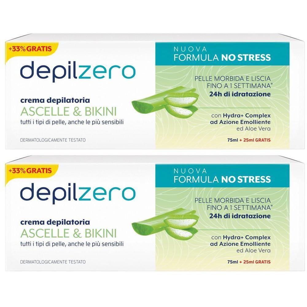 Due confezioni di crema Depilzero per ascelle e bikini con Aloe Vera. Dermatologicamente testato.