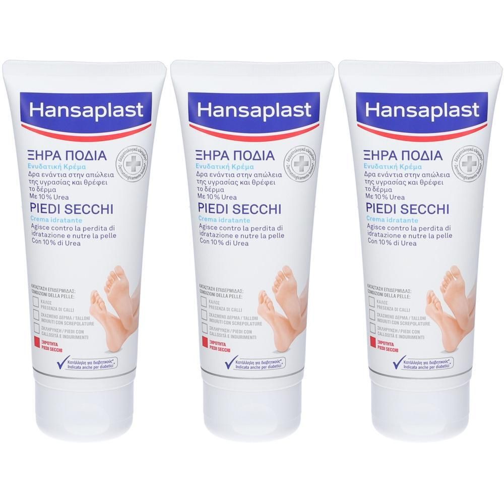 Tre tubi di crema per piedi Hansaplast con urea.