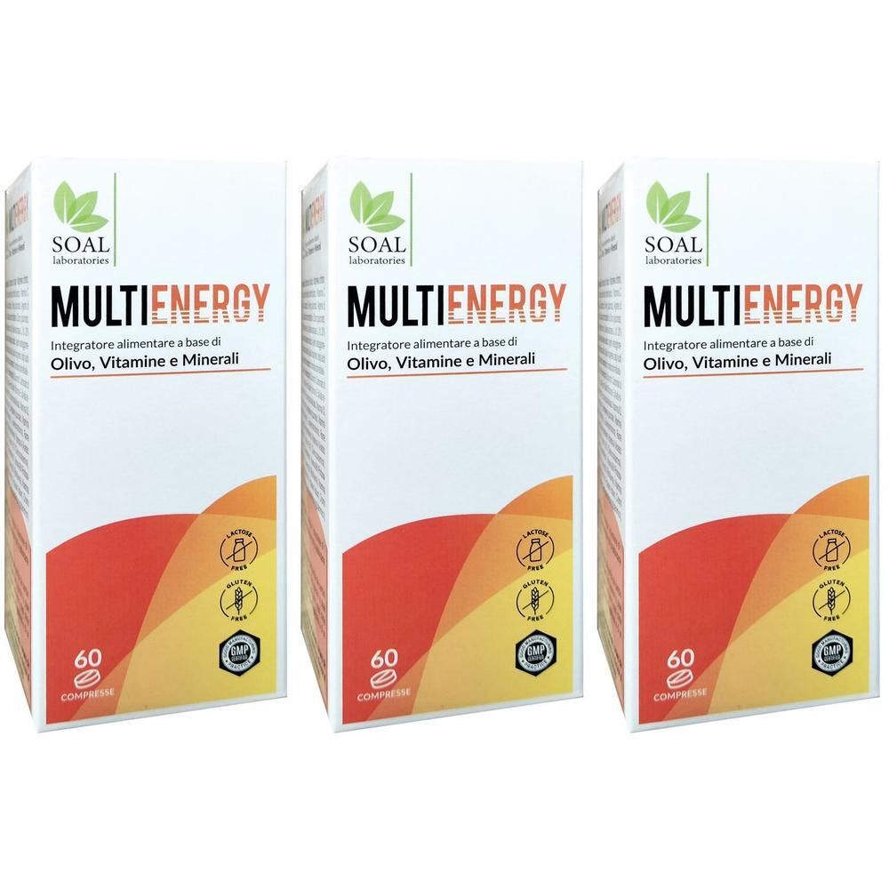 Tre confezioni di integratore alimentare "Multienergy", 60 compresse ciascuna. Contiene estratto d'olivo, vitamine e minerali.