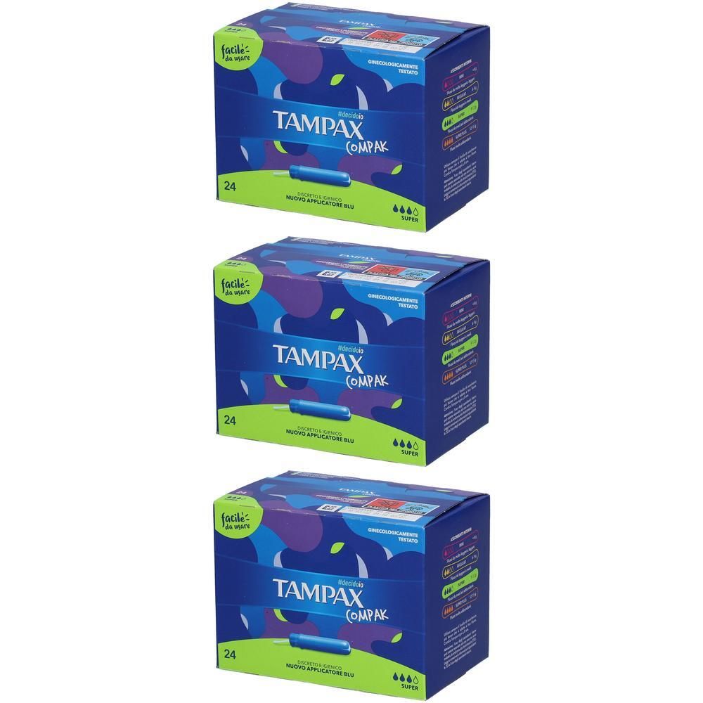 Tre confezioni di Tampax Compak Super, ciascuna da 24 tamponi.